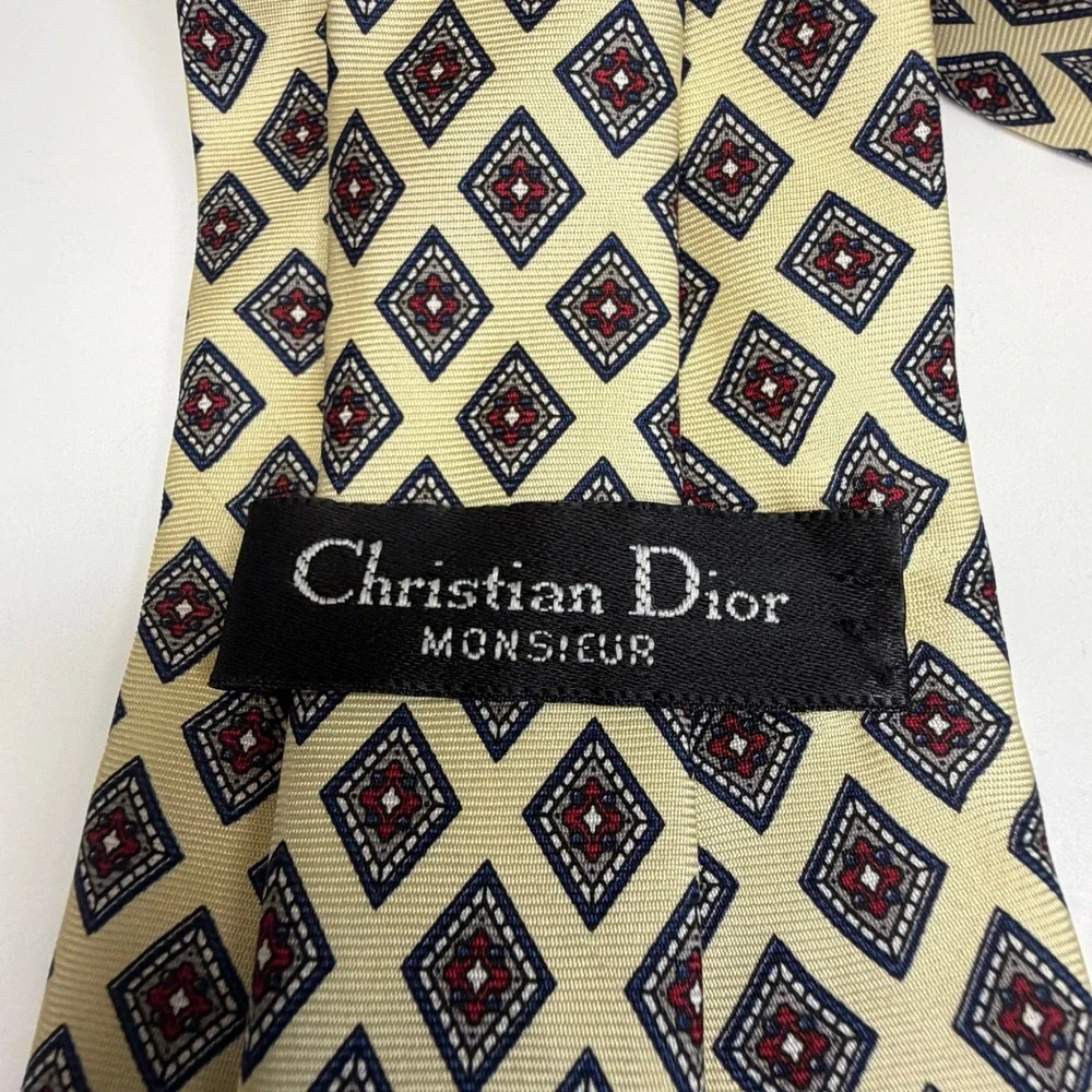 Christian Dior Silk Tie Mens OS Yellow Geometric Diamond Vintage Monsieur Italy
